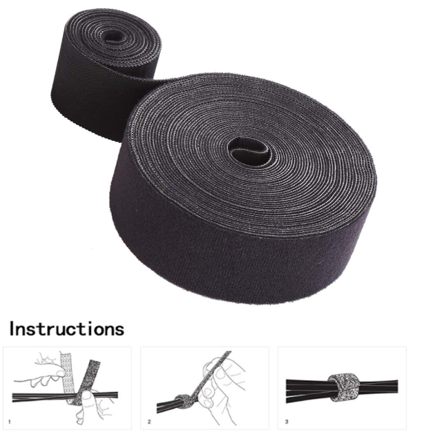 Reusable Fastening Tape Cable Ties Roll 2 Inch Double Side Hook Roll Hook and Loop Cord Management Wire Organizer Straps Black 