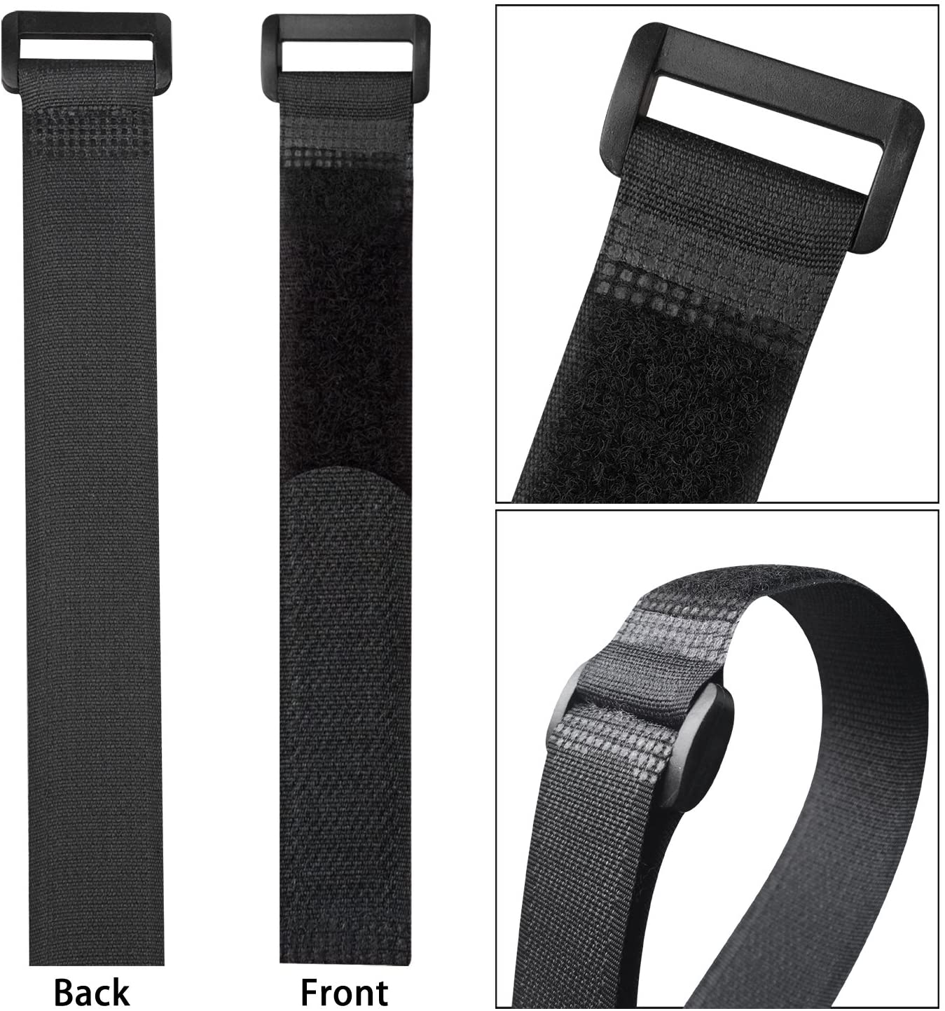 Black Hook and Loop Reusable Cable Tie Down Straps Wrap around cords Wire Organizer Straps